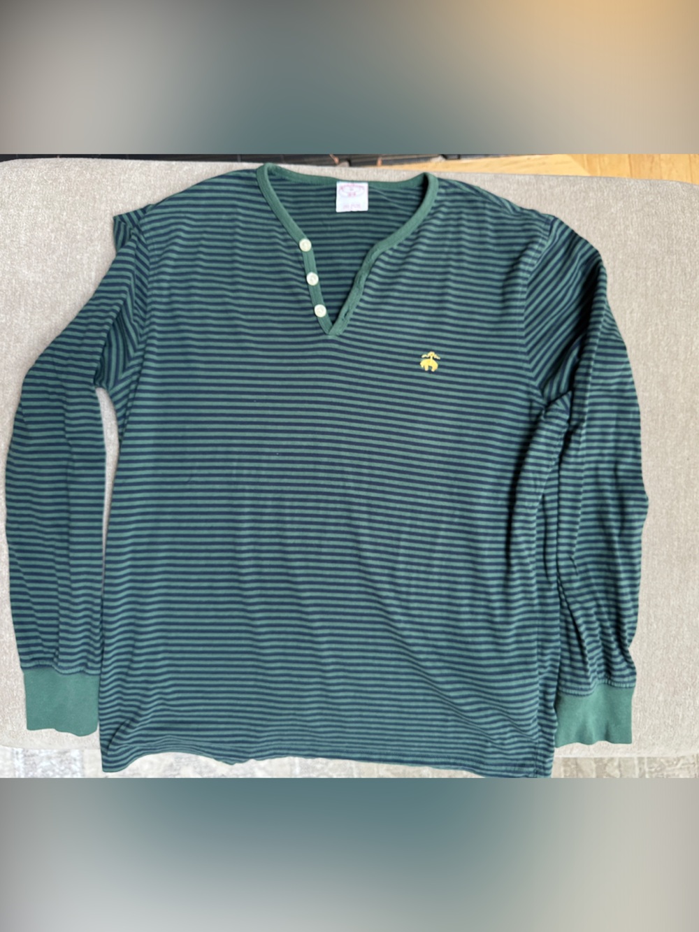 Brooks Brothers Green and Navy Striped Henley with Yellow Logo